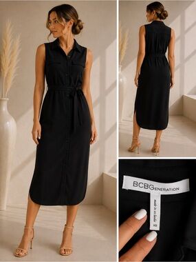 BCBGeneration Black Sleeveless Midi Shirt Dress with Tie Waist